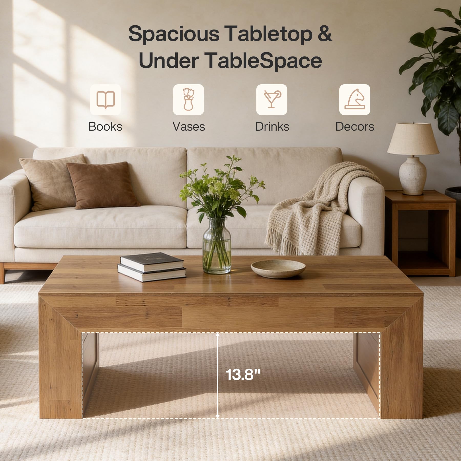 Tribesigns 47-Inch Farmhouse Coffee Table, Wooden Rectangular Center Table with Thick Base, Modern Cocktail Tea Furniture for Living Room (Oak Brown) - Image 4