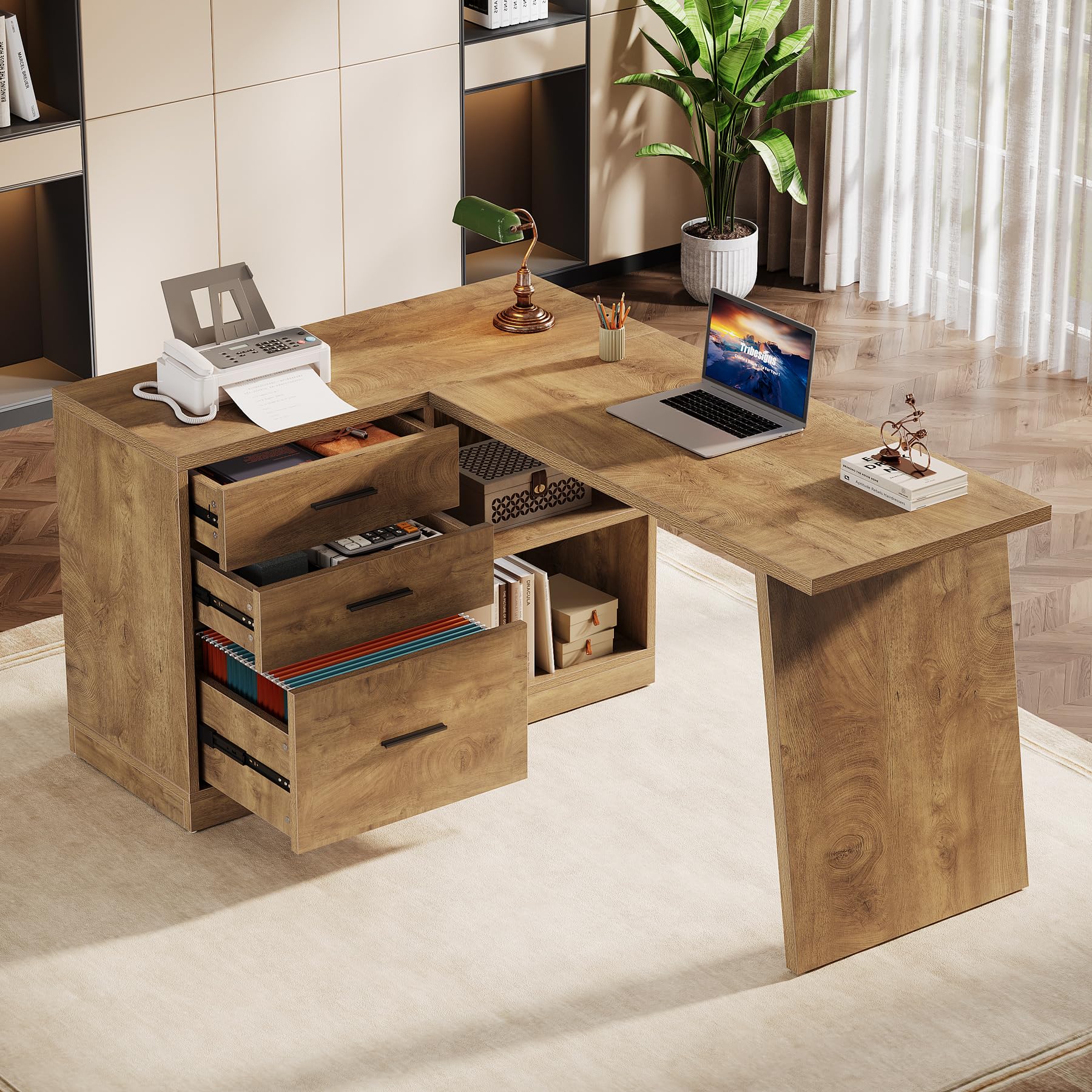 Tribesigns 55-Inch L Shaped Computer Desk with 3 Drawers, Corner Home Office Desk with Storage Shelves, Farmhouse Wood Executive Desk for Work Writing Sturdy, Gaming, Brown - Image 5