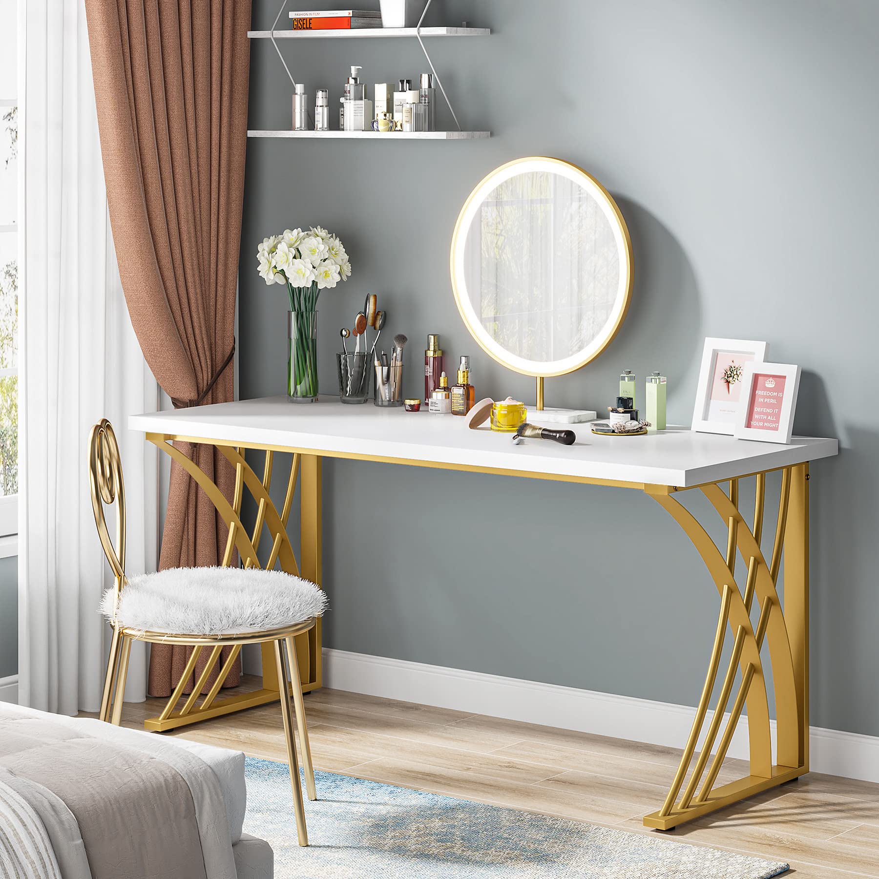 Tribesigns 55" Large Modern Computer Desk, White & Gold Luxury Laptop PC Student Table, Makeup Vanity Table with Thick Frame & Strong Legs, Sturdy Writing Workstation for Home & Office - Image 5