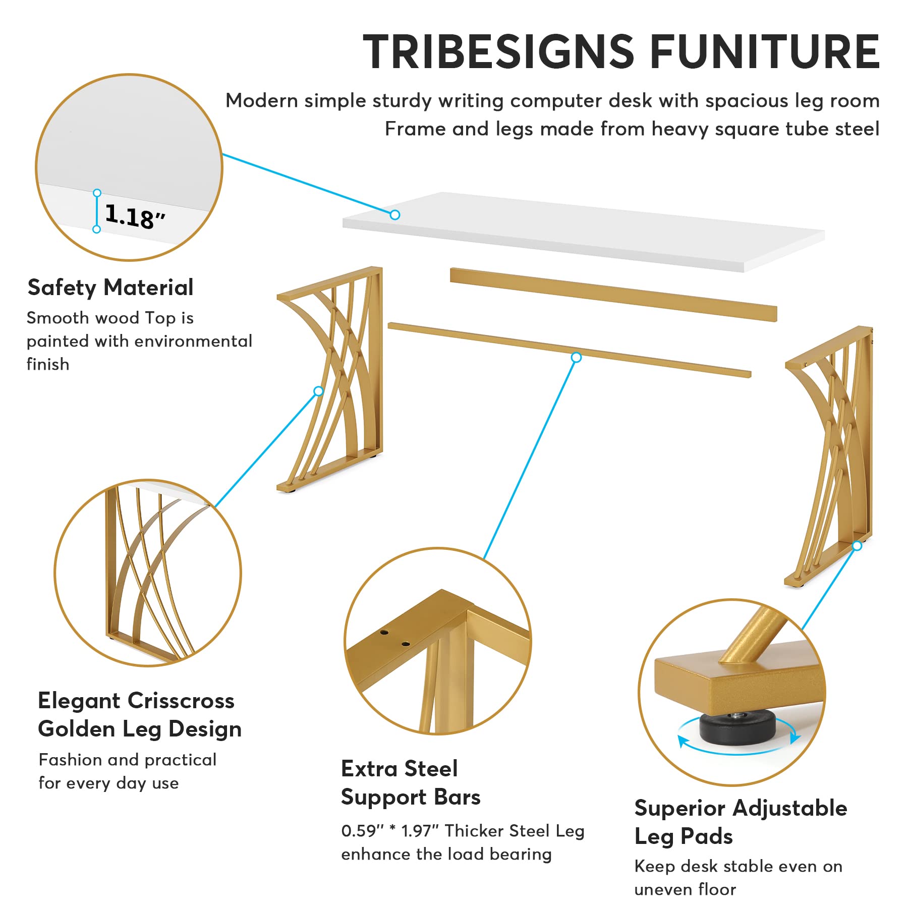 Tribesigns 55" Large Modern Computer Desk, White & Gold Luxury Laptop PC Student Table, Makeup Vanity Table with Thick Frame & Strong Legs, Sturdy Writing Workstation for Home & Office - Image 7