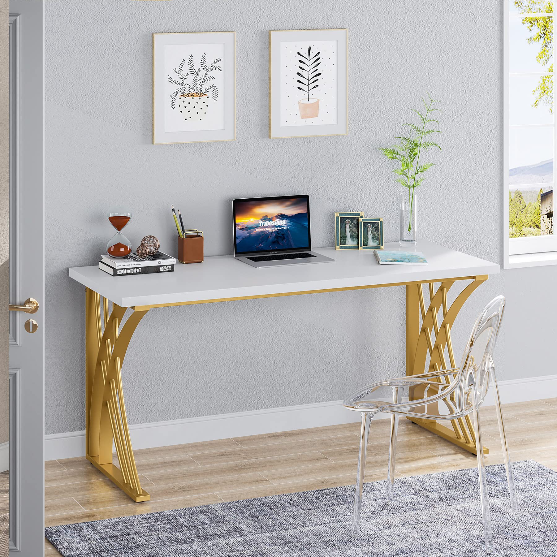 Tribesigns 55" Large Modern Computer Desk, White & Gold Luxury Laptop PC Student Table, Makeup Vanity Table with Thick Frame & Strong Legs, Sturdy Writing Workstation for Home & Office - Image 8