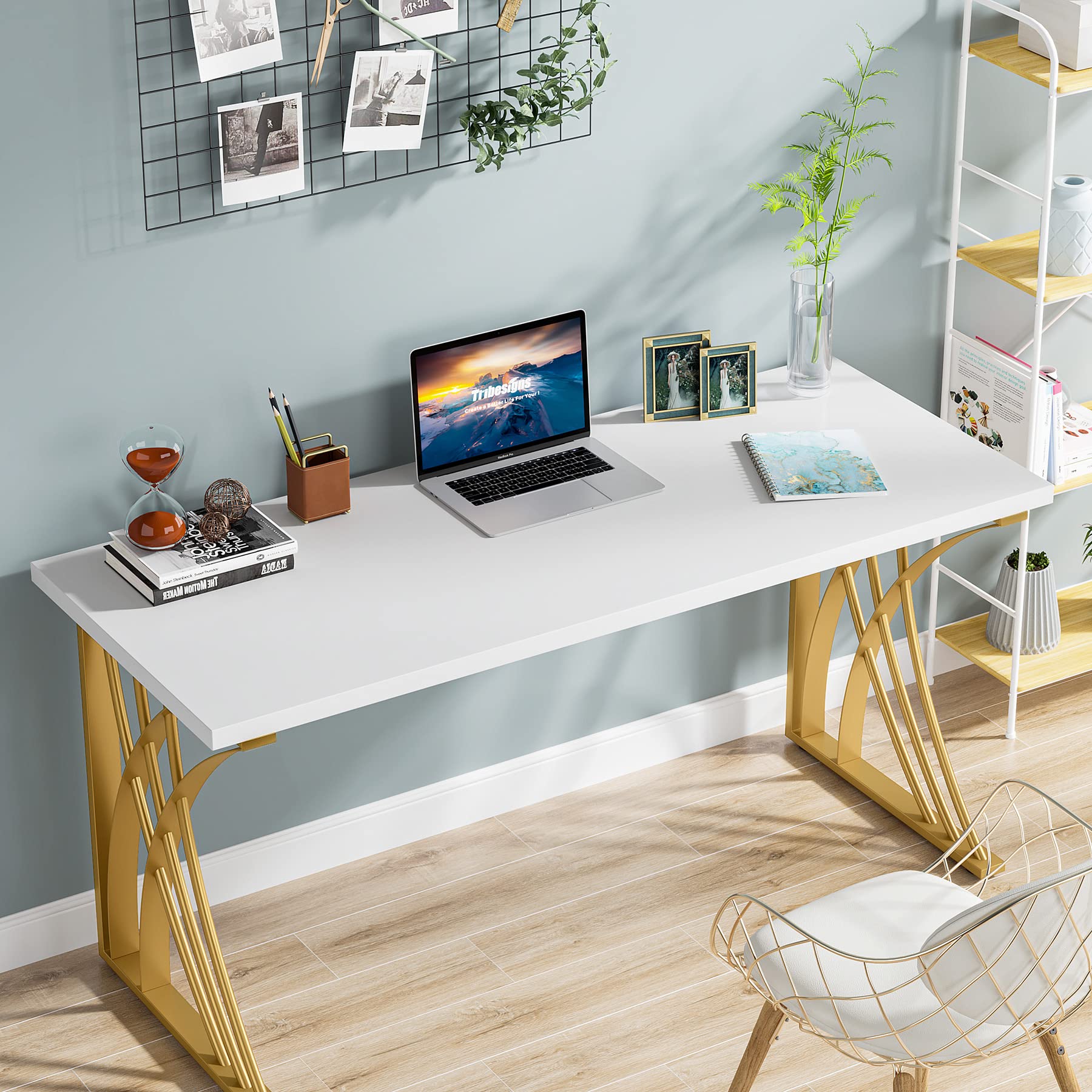 Tribesigns 55" Large Modern Computer Desk, White & Gold Luxury Laptop PC Student Table, Makeup Vanity Table with Thick Frame & Strong Legs, Sturdy Writing Workstation for Home & Office - Image 9