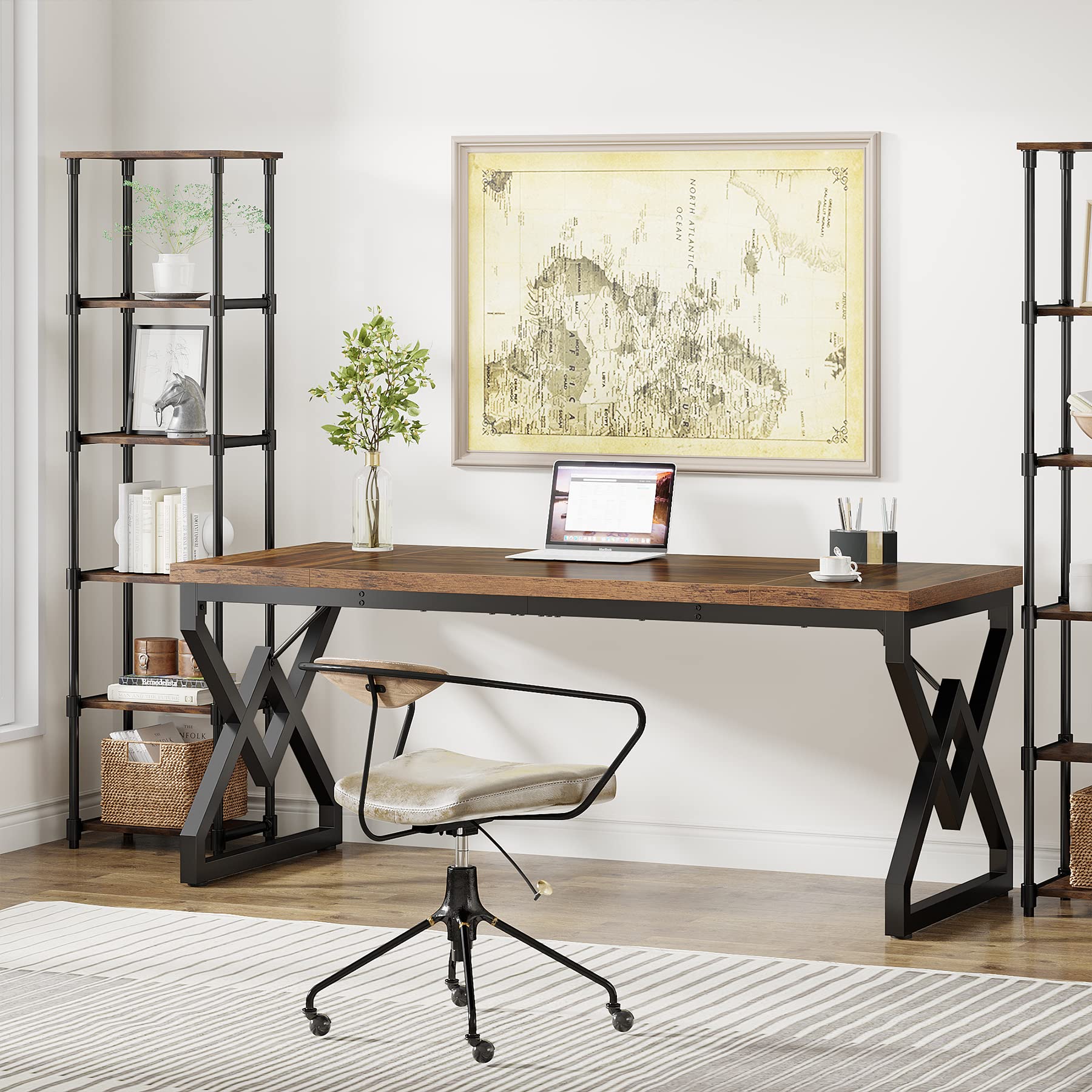Tribesigns 63-inch Executive Desk, Large Office Computer Desk with Extra Thick Wooden Tabletop and Metal Frame, Modern Simple Workstation Writing Table Study Desk for Home Office, Vintage Brown - Image 4