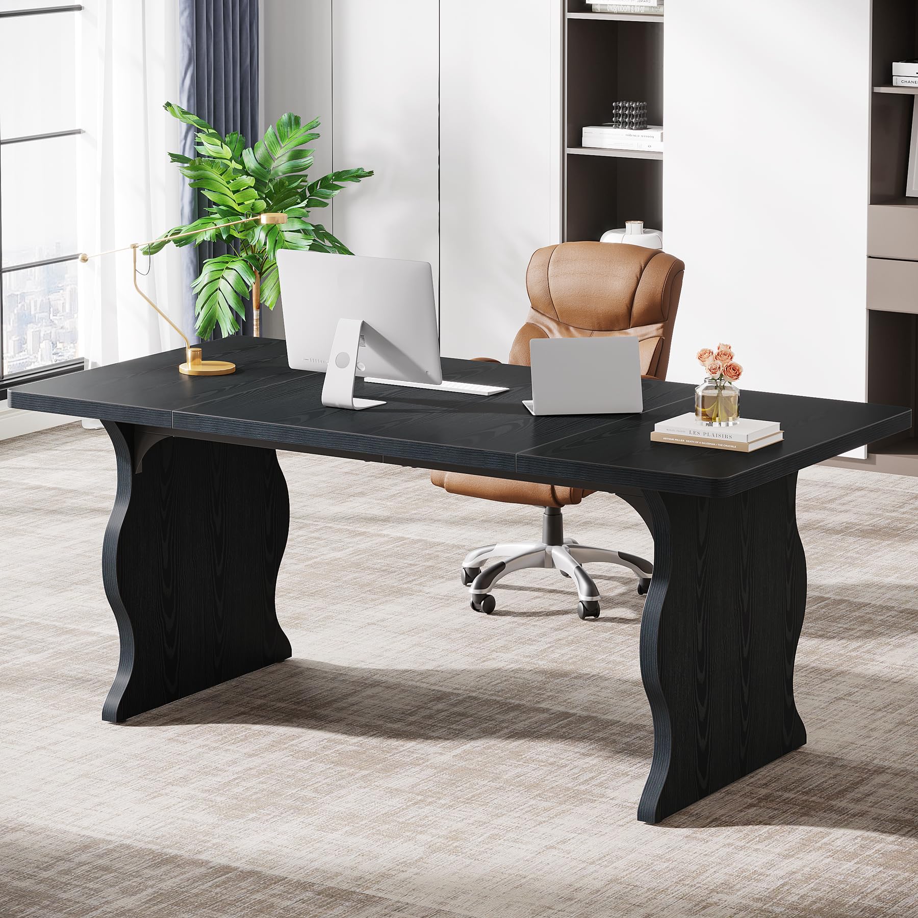 Tribesigns 63" Large Desk for Home Office, Spacious Executive Computer Desk with Ample Leg Room, Double PC Gaming Writing Table Study Desk with Sturdy Legs, Black - Image 3