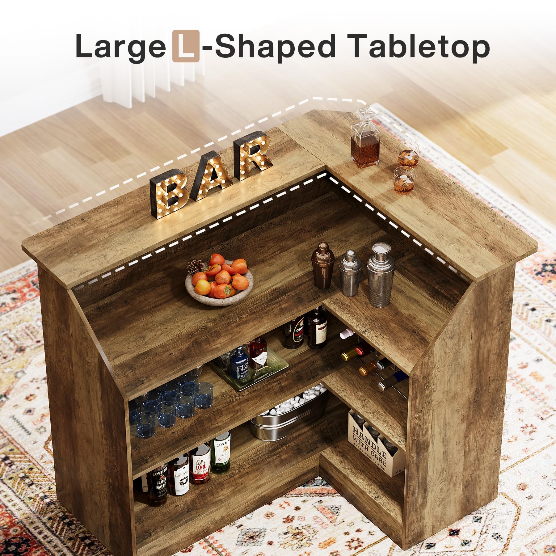 Tribesigns Bar Cabinet, L-Shaped Home Bar Table with Stemware Racks, 4-Tier Corner Bar Unit Liquor Wine Bar Table Reception Desk for Home Pub, Rustic Brown - Image 6