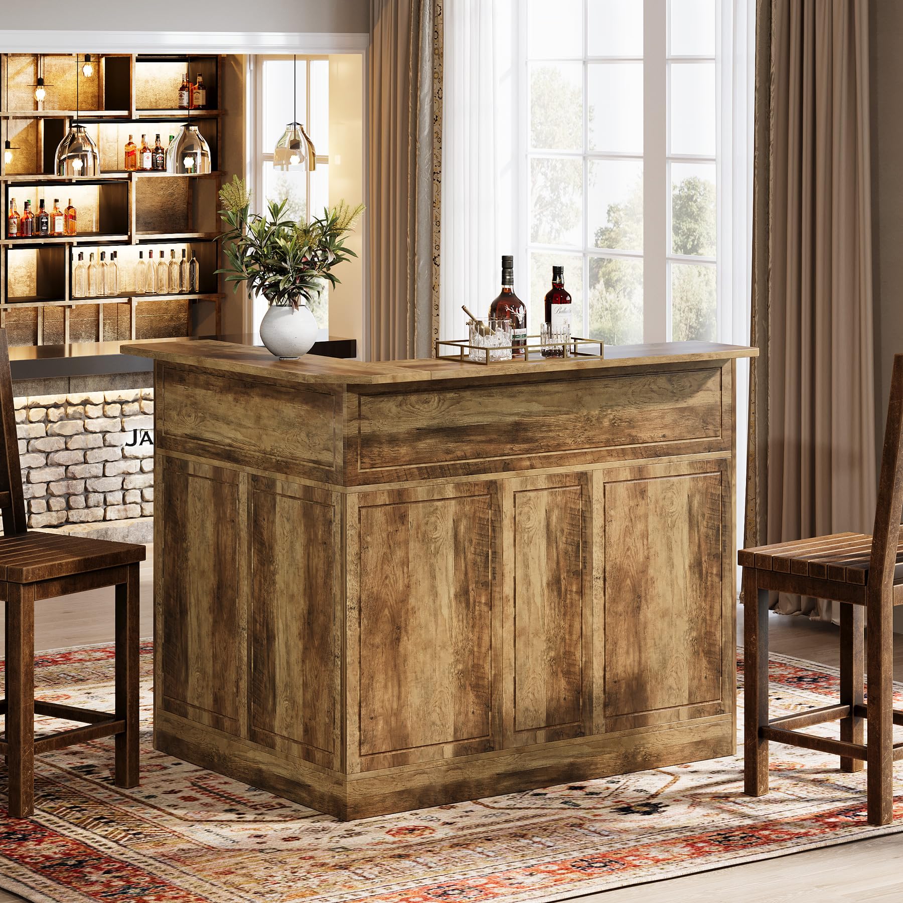 Tribesigns Bar Cabinet, L-Shaped Home Bar Table with Stemware Racks, 4-Tier Corner Bar Unit Liquor Wine Bar Table Reception Desk for Home Pub, Rustic Brown - Image 7