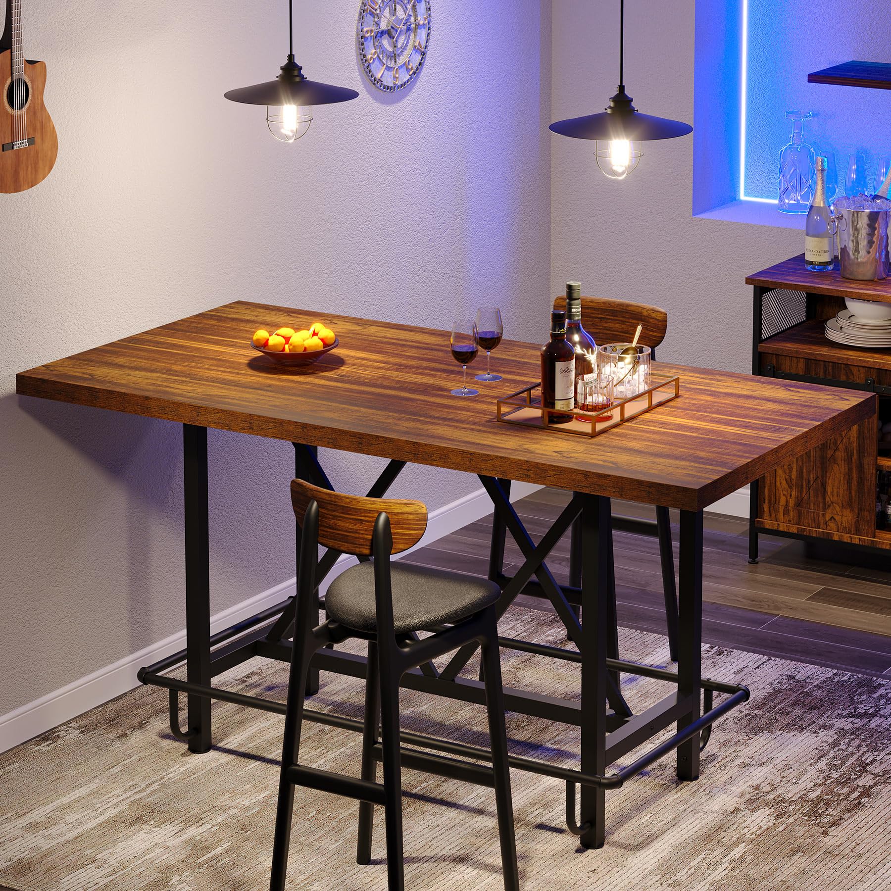 Tribesigns Bar Table, Industrial Counter Height Pub Table with Metal Footrest, 63-Inch Rectangle Wood Kitchen Dining Table with Sturdy Metal Frame for Dining Room, Home Bar (Brown) - Image 3