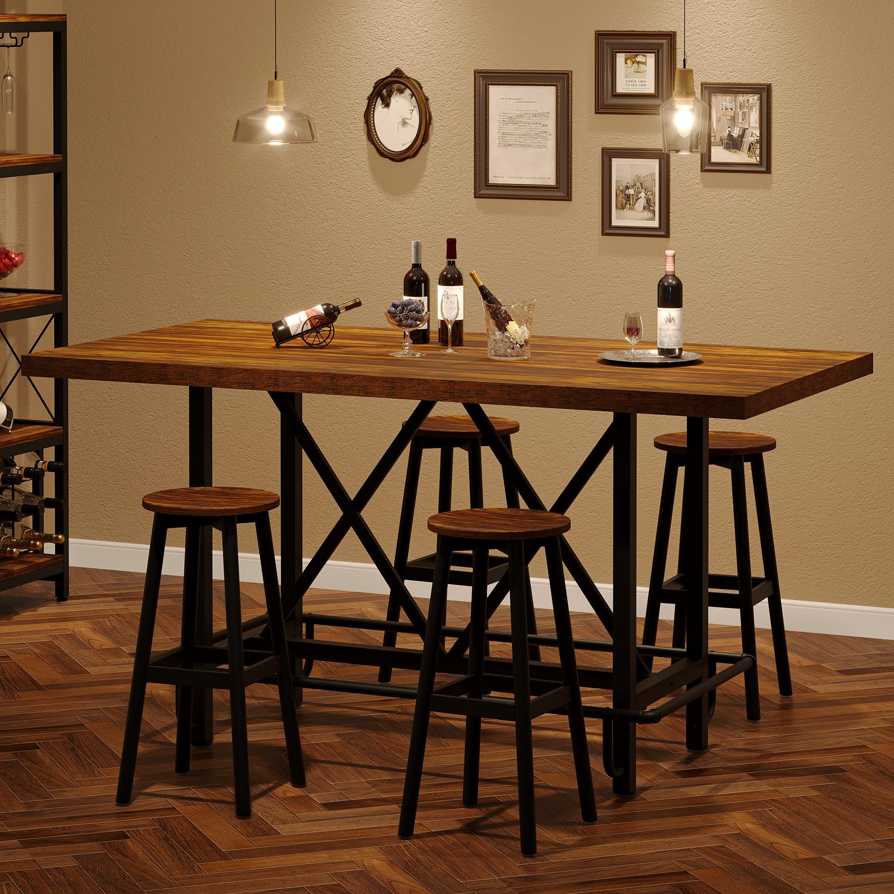Tribesigns Bar Table, Industrial Counter Height Pub Table with Metal Footrest, 63-Inch Rectangle Wood Kitchen Dining Table with Sturdy Metal Frame for Dining Room, Home Bar (Brown) - Image 4