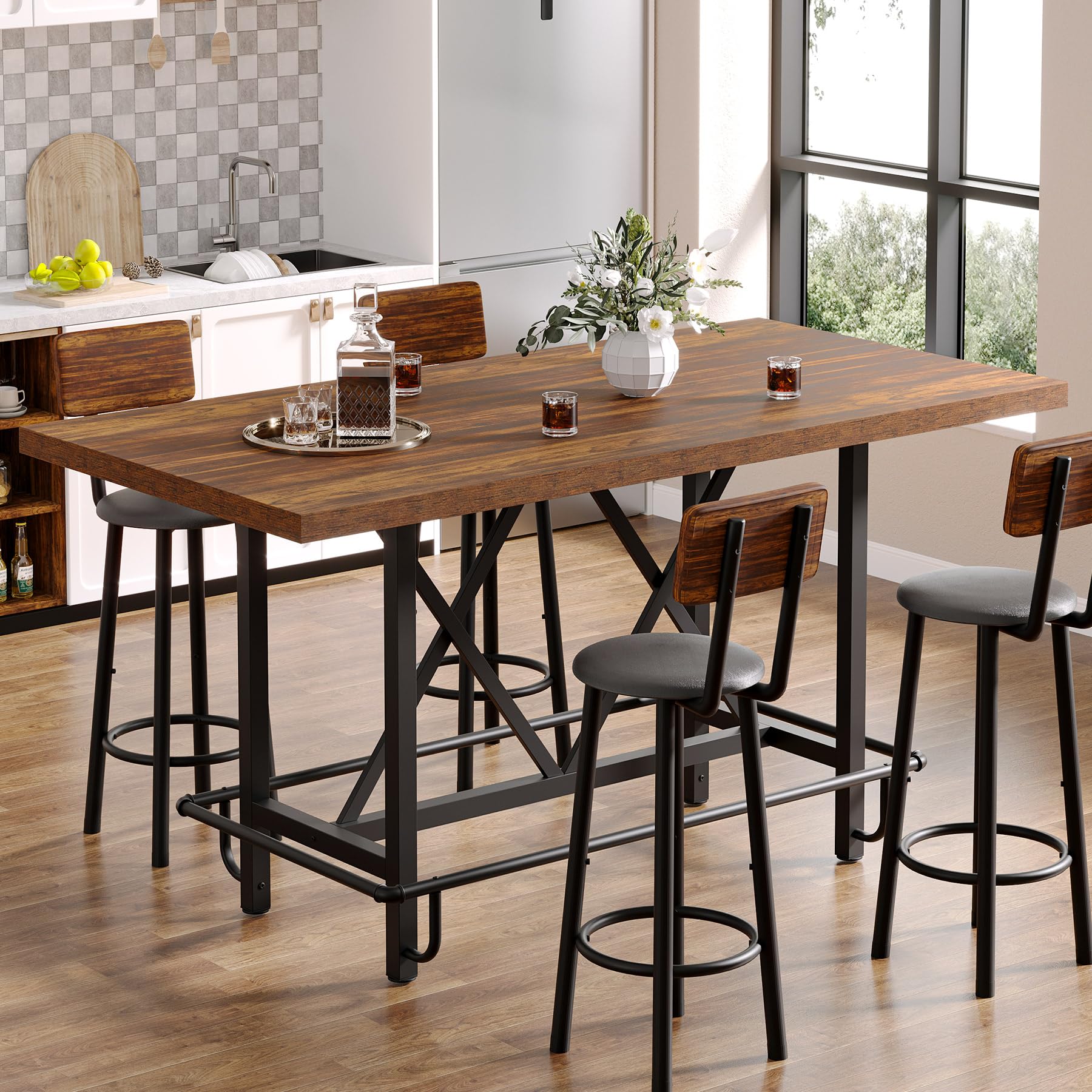 Tribesigns Bar Table, Industrial Counter Height Pub Table with Metal Footrest, 63-Inch Rectangle Wood Kitchen Dining Table with Sturdy Metal Frame for Dining Room, Home Bar (Brown) - Image 9
