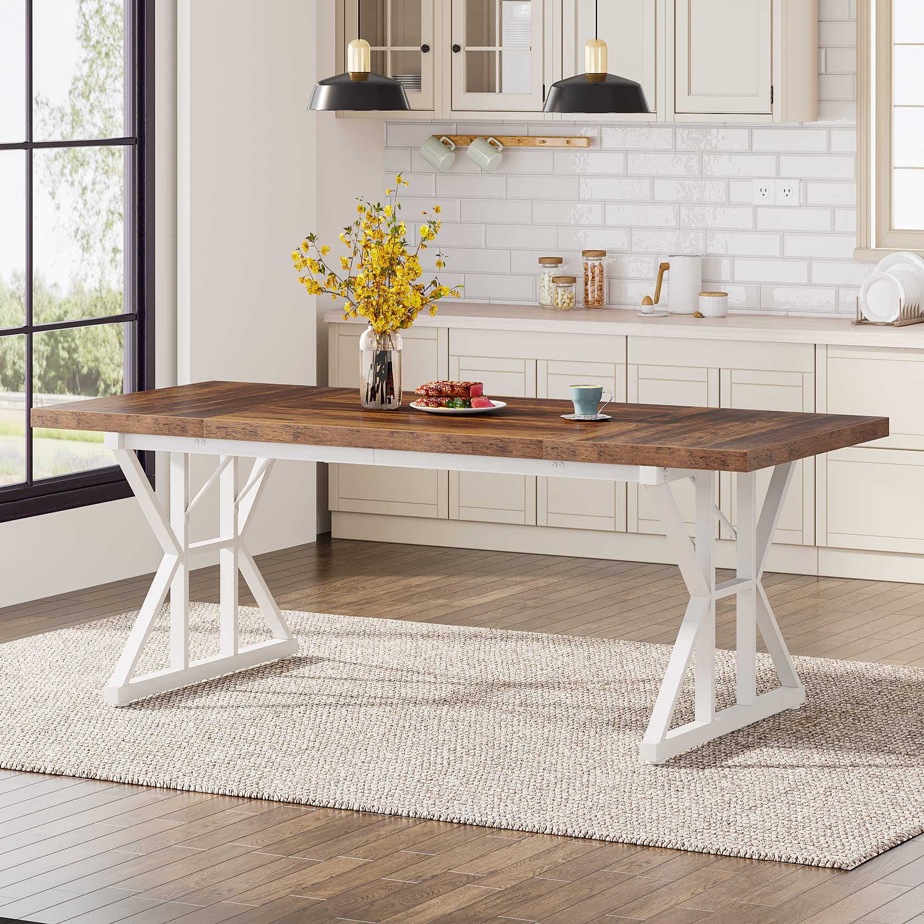 Tribesigns Farmhouse Dining Table for 6 People, 70.8-Inch Rectangular Wood Dining Table, Rustic Kitchen Table with Heavy Duty Metal Legs for Dining Room (Brown/White) - Image 3