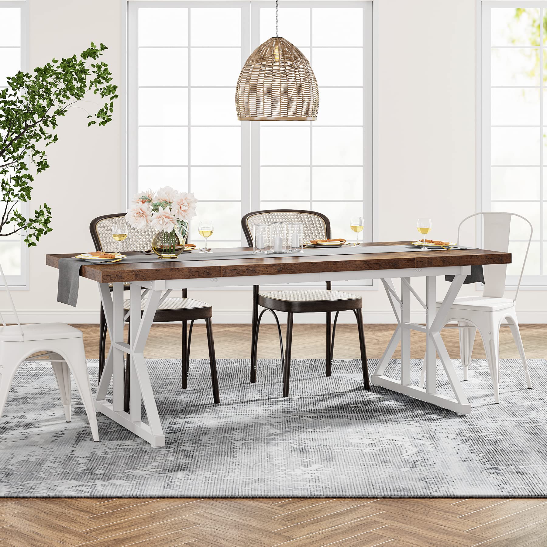 Tribesigns Farmhouse Dining Table for 6 People, 70.8-Inch Rectangular Wood Dining Table, Rustic Kitchen Table with Heavy Duty Metal Legs for Dining Room (Brown/White) - Image 5