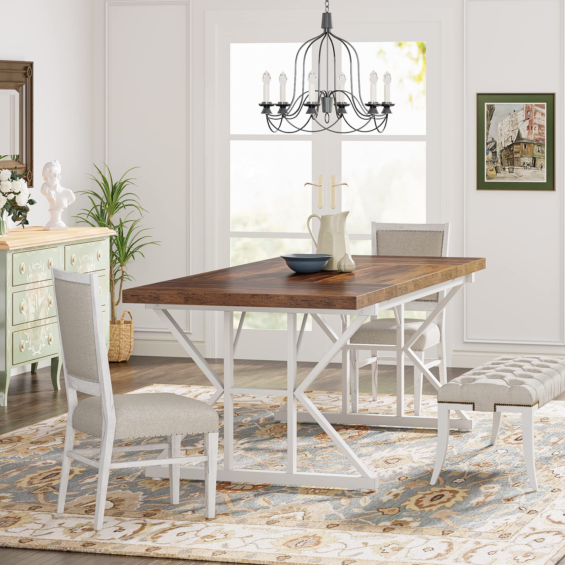 Tribesigns Farmhouse Dining Table for 6 People, 70.8-Inch Rectangular Wood Dining Table, Rustic Kitchen Table with Heavy Duty Metal Legs for Dining Room (Brown/White) - Image 6