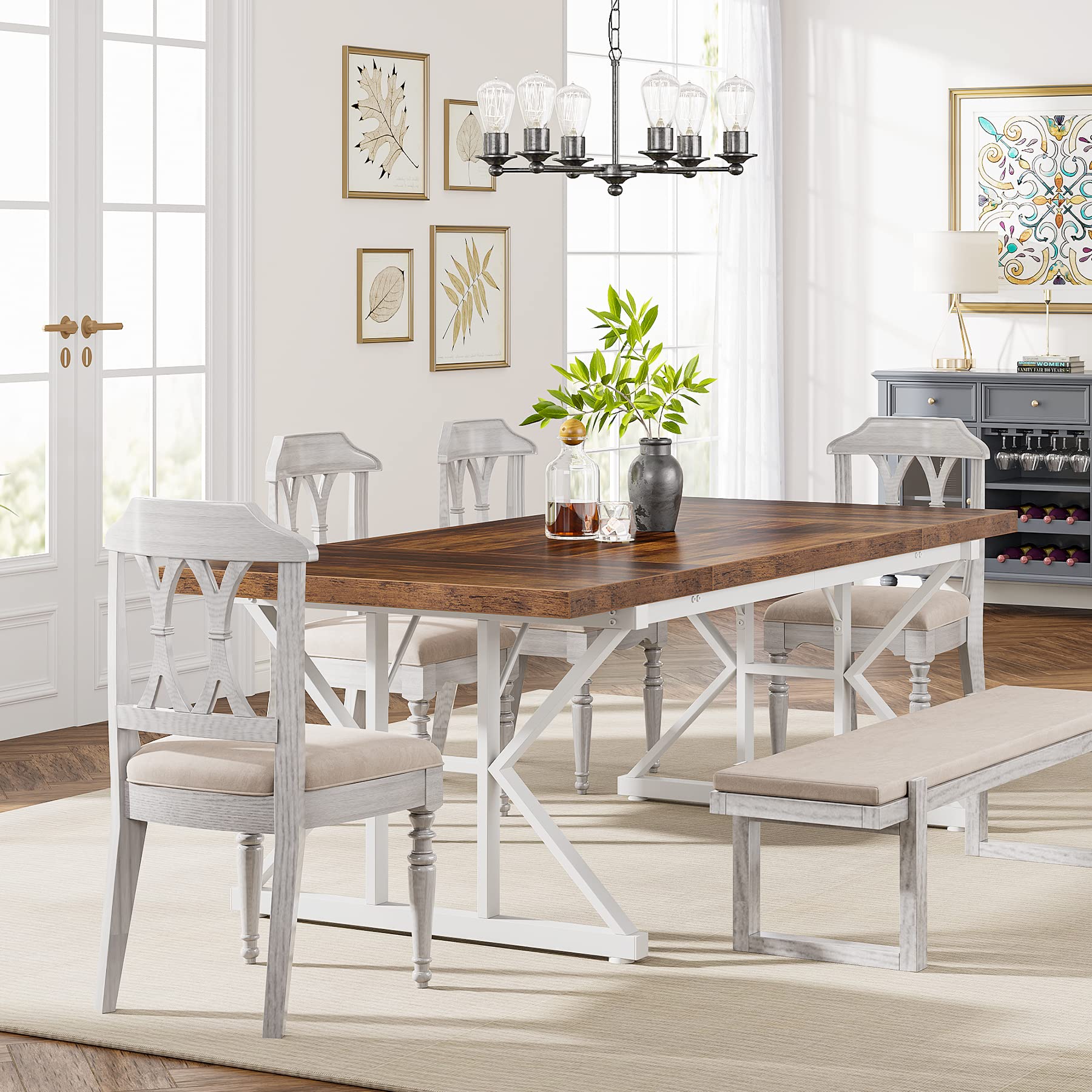 Tribesigns Farmhouse Dining Table for 6 People, 70.8-Inch Rectangular Wood Dining Table, Rustic Kitchen Table with Heavy Duty Metal Legs for Dining Room (Brown/White) - Image 9