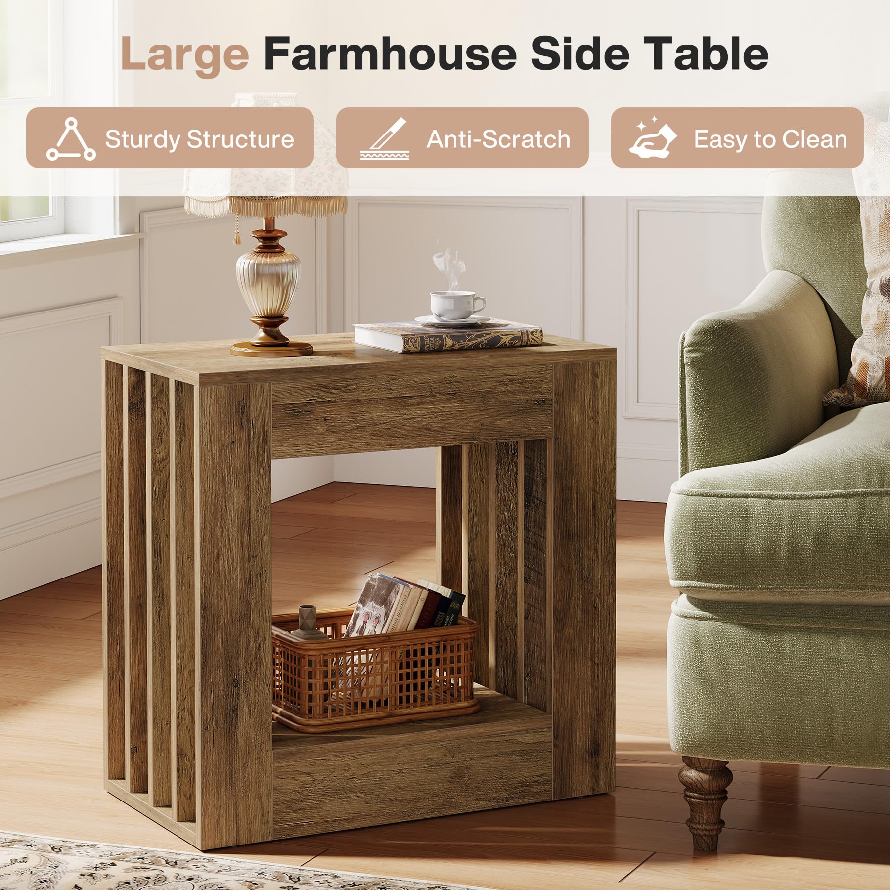 Tribesigns Farmhouse End Table, 2-Tier Side Table with Storage Shelf, Slim Coffee Table for Small Spaces, Industrial Sofa Side Table for Living Room, Bedroom, Rustic Brown - Image 6