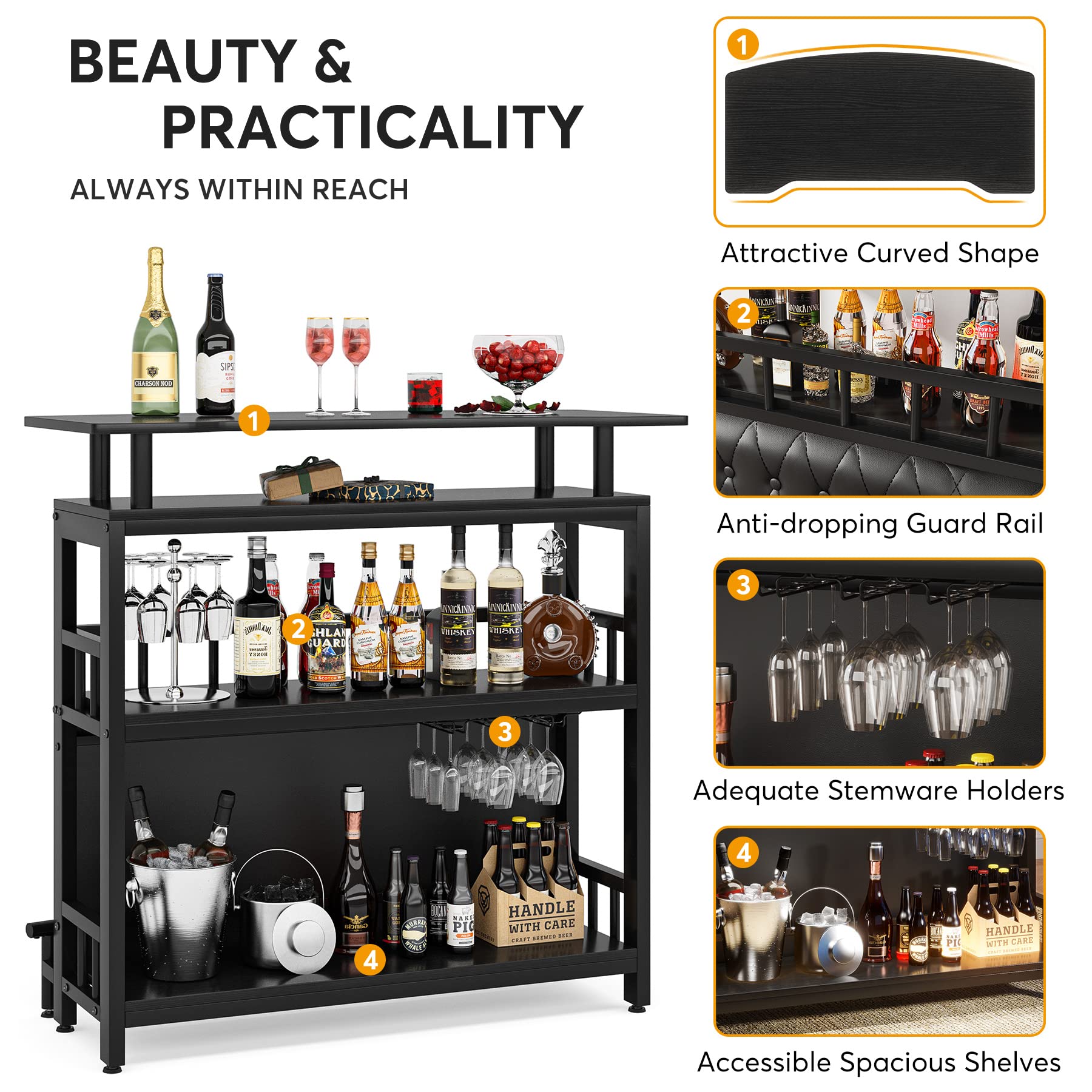 Tribesigns Home Bar Unit for Liquor, 44-Inch Bar Height Table with Storage, Black Mini Entertainment Carts Pub Table with Upholstered&Metal Front Footrest for Kitchen, Balcony, Basement - Image 6