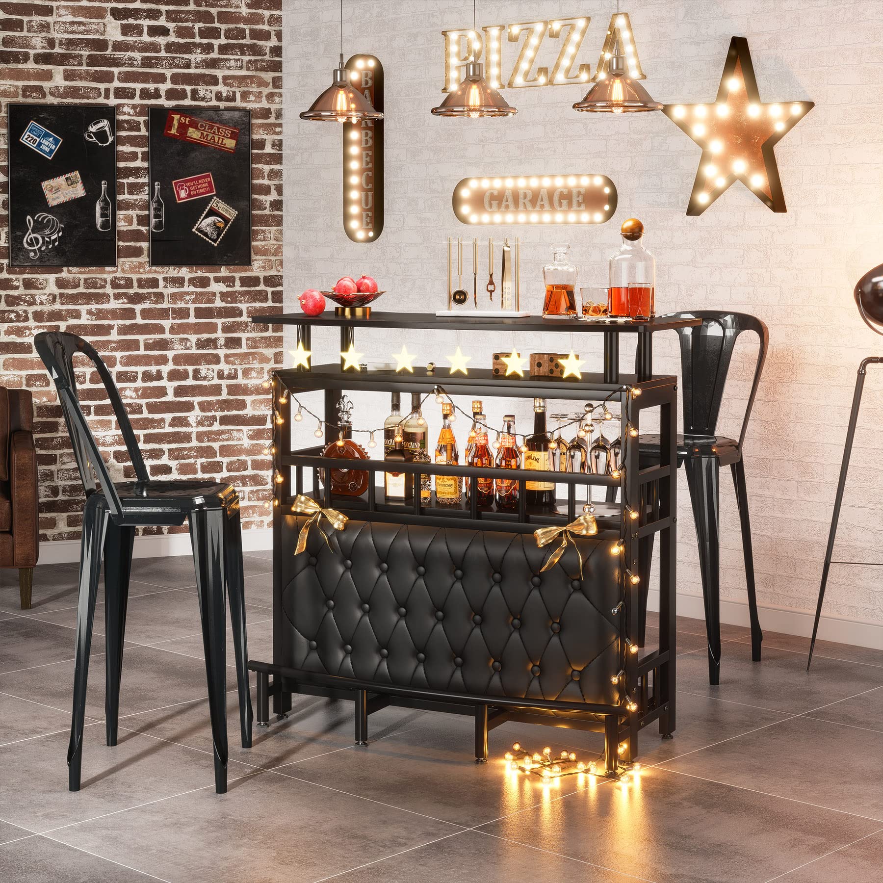 Tribesigns Home Bar Unit for Liquor, 44-Inch Bar Height Table with Storage, Black Mini Entertainment Carts Pub Table with Upholstered&Metal Front Footrest for Kitchen, Balcony, Basement - Image 8
