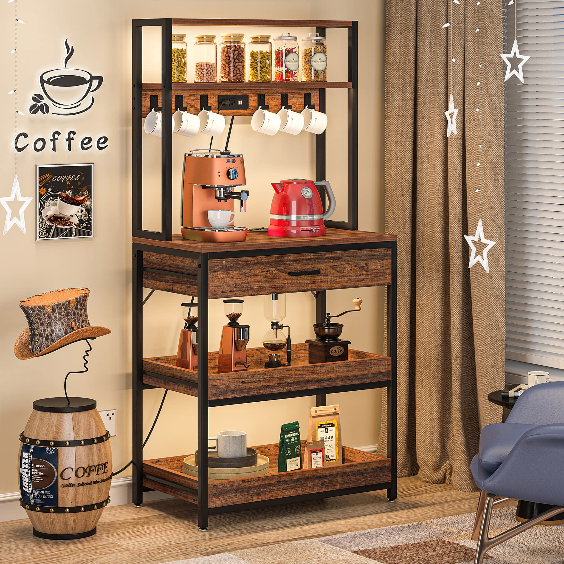 Tribesigns Kitchen Bakers Rack with Power Outlets, 5-Tier Microwave Oven Stand with Drawer and Sliding Shelves, Freestanding Coffee Bar, Kitchen Storage Shelf with 6 Hooks, Rustic Brown - Image 3
