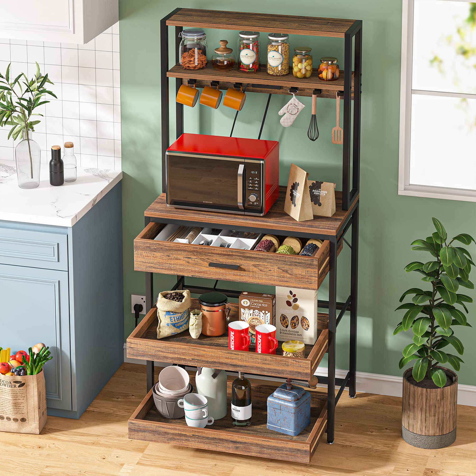 Tribesigns Kitchen Bakers Rack with Power Outlets, 5-Tier Microwave Oven Stand with Drawer and Sliding Shelves, Freestanding Coffee Bar, Kitchen Storage Shelf with 6 Hooks, Rustic Brown - Image 4