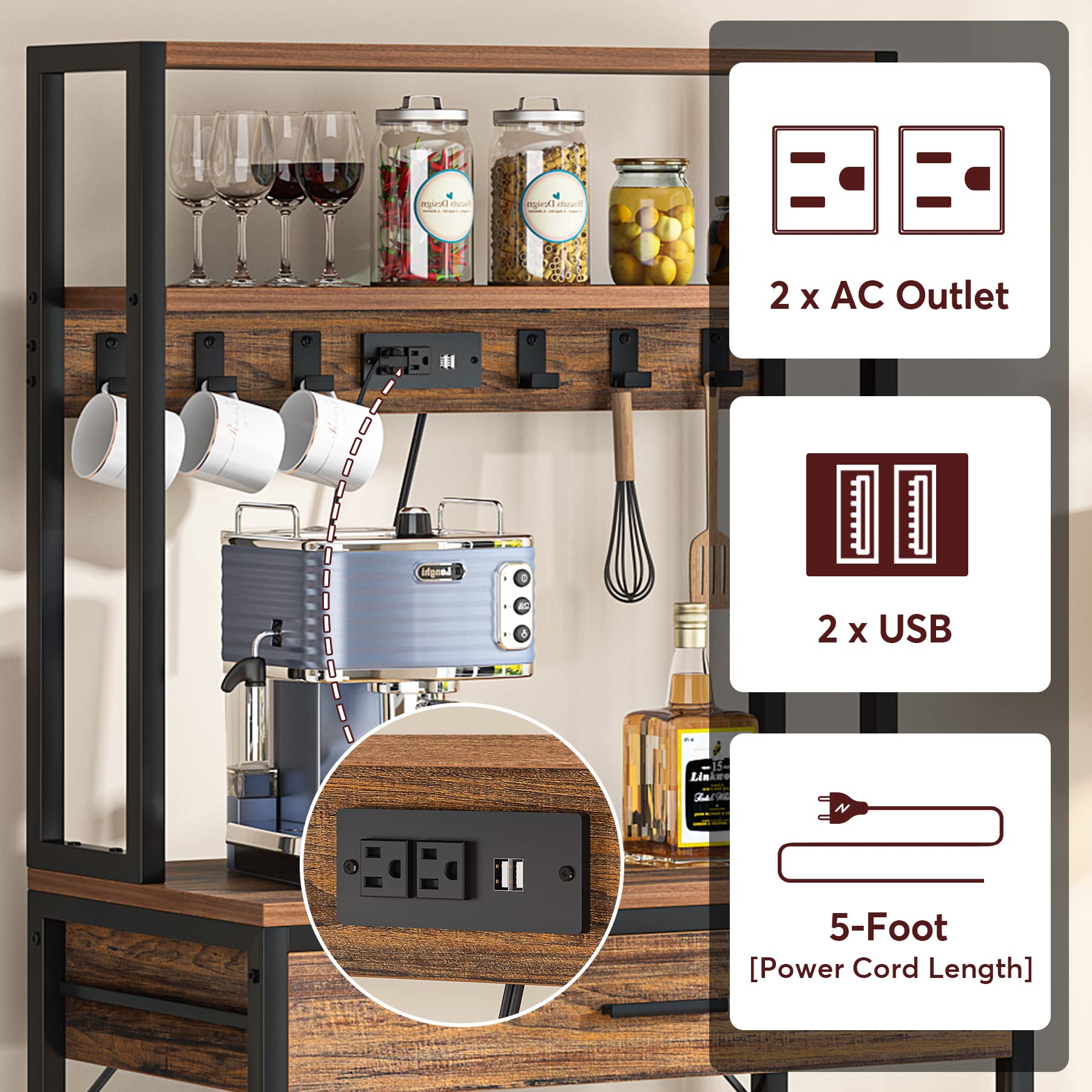 Tribesigns Kitchen Bakers Rack with Power Outlets, 5-Tier Microwave Oven Stand with Drawer and Sliding Shelves, Freestanding Coffee Bar, Kitchen Storage Shelf with 6 Hooks, Rustic Brown - Image 6