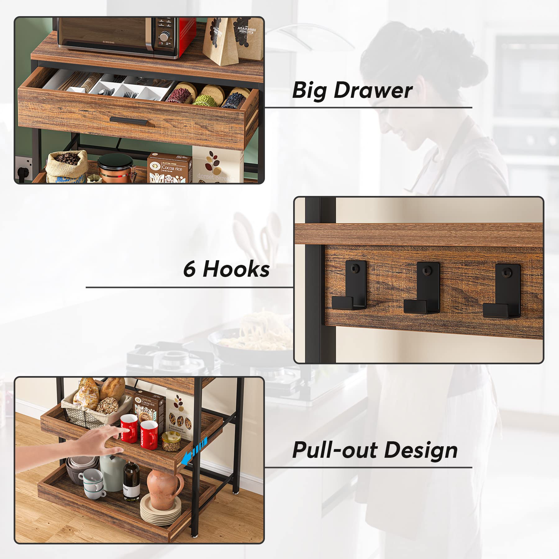 Tribesigns Kitchen Bakers Rack with Power Outlets, 5-Tier Microwave Oven Stand with Drawer and Sliding Shelves, Freestanding Coffee Bar, Kitchen Storage Shelf with 6 Hooks, Rustic Brown - Image 7