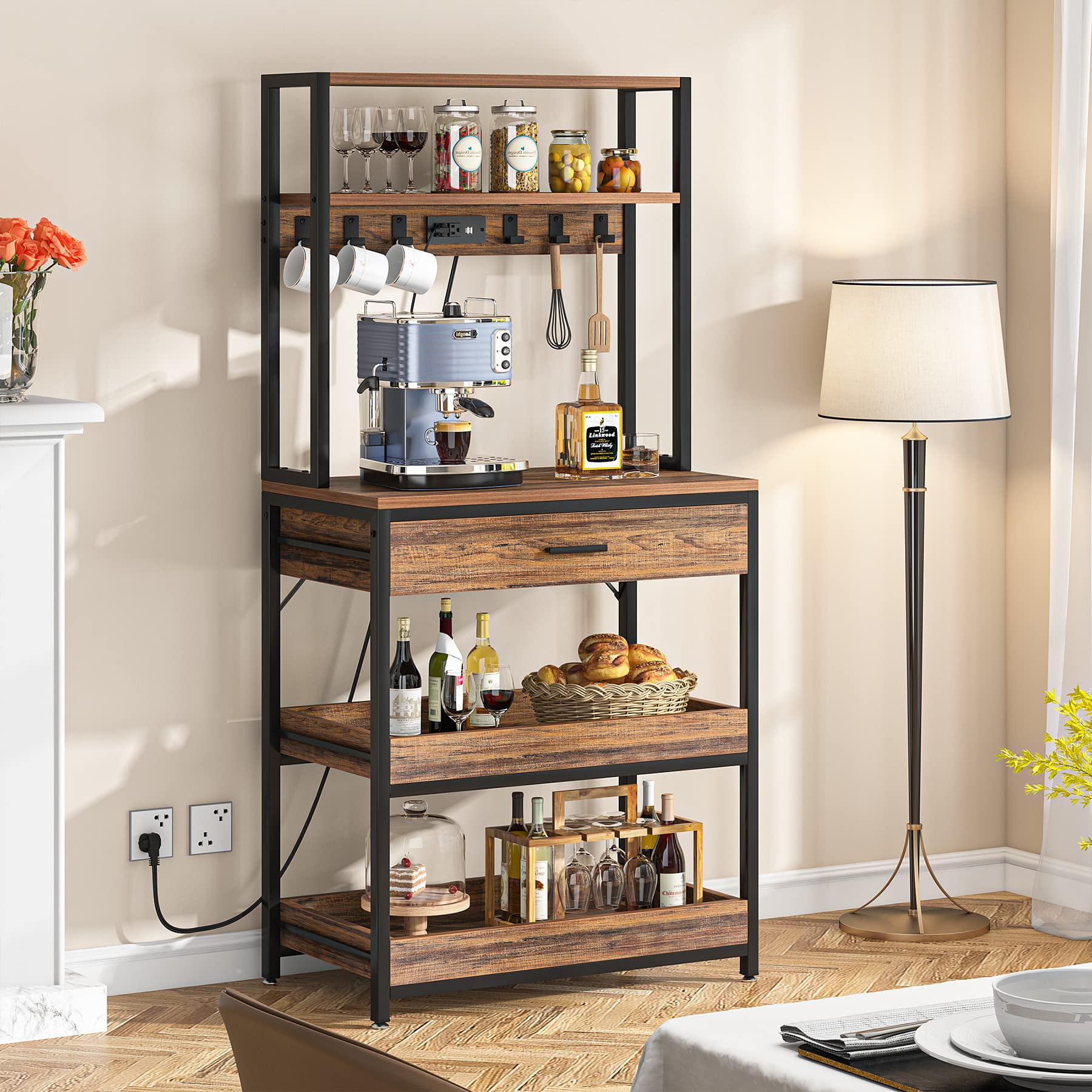 Tribesigns Kitchen Bakers Rack with Power Outlets, 5-Tier Microwave Oven Stand with Drawer and Sliding Shelves, Freestanding Coffee Bar, Kitchen Storage Shelf with 6 Hooks, Rustic Brown - Image 9