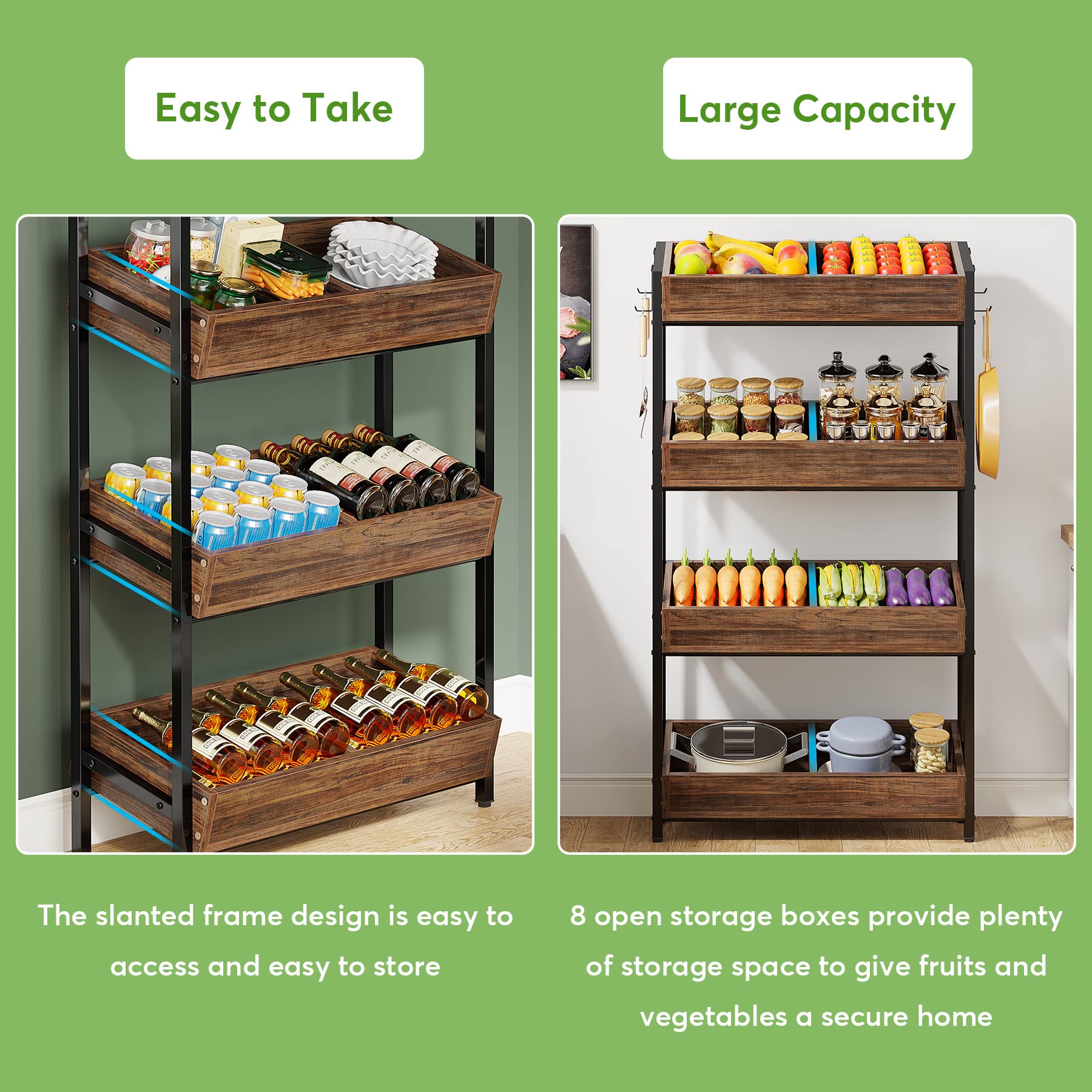Tribesigns Wood Fruit and Vegetable Basket Stand Rack for Kitchen, Office, Store, Supremarket, Pantry Shelf Unit for Snacks, 4-Tier Wooden Utility Storage Shelves (Brown+Black) - Image 3
