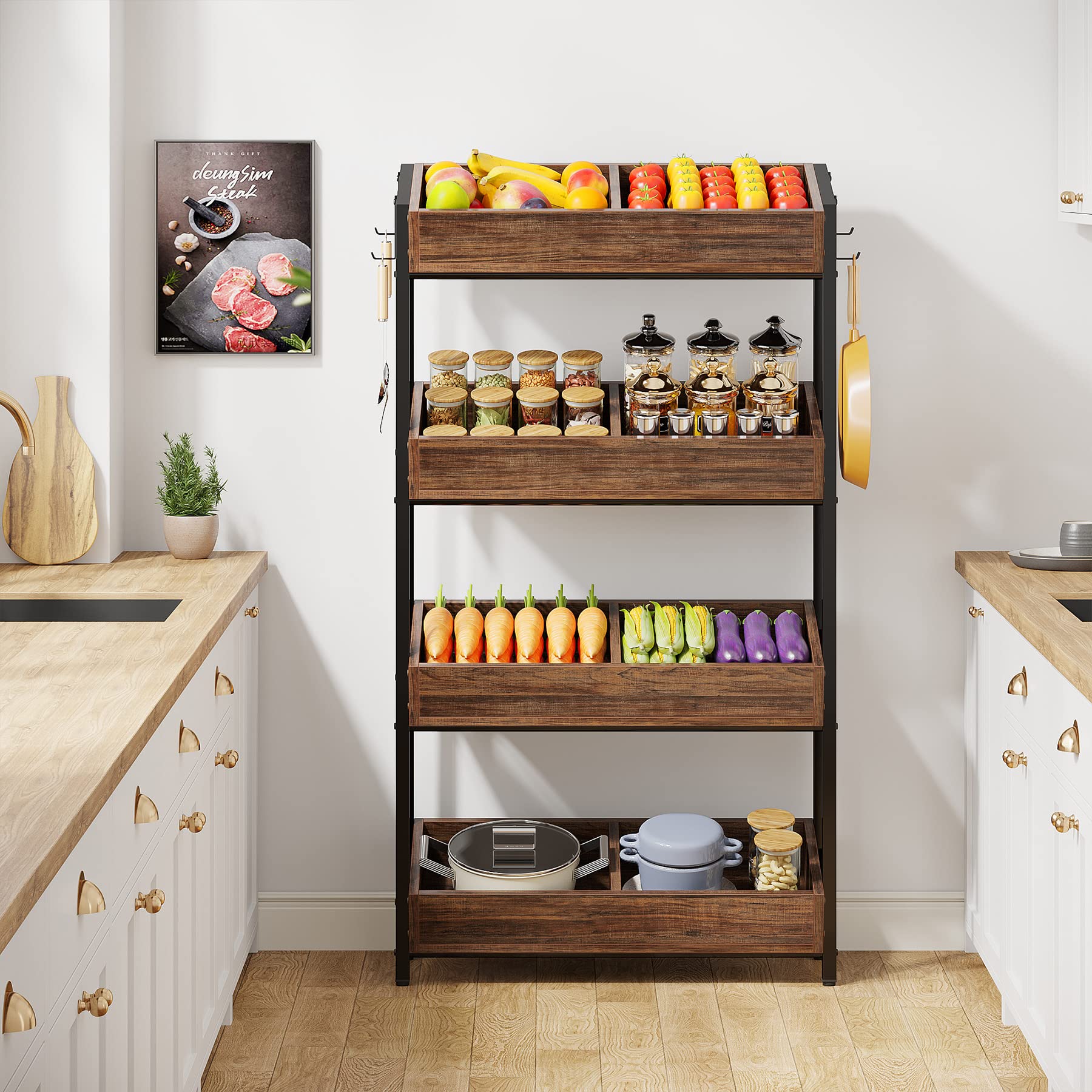 Tribesigns Wood Fruit and Vegetable Basket Stand Rack for Kitchen, Office, Store, Supremarket, Pantry Shelf Unit for Snacks, 4-Tier Wooden Utility Storage Shelves (Brown+Black) - Image 6