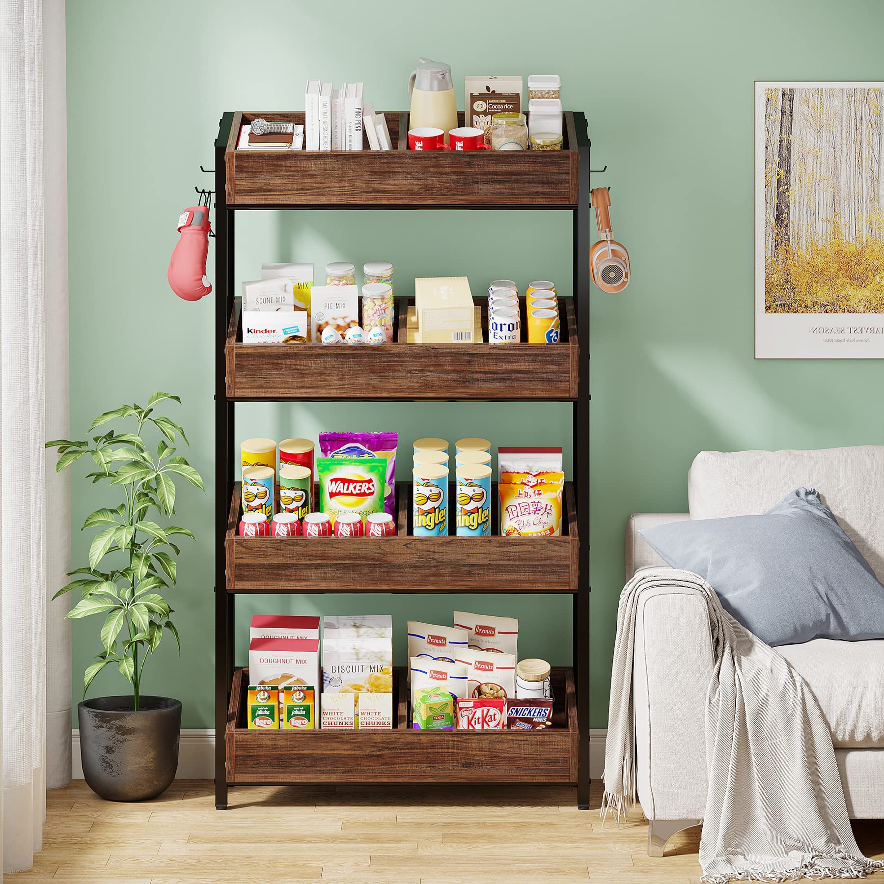 Tribesigns Wood Fruit and Vegetable Basket Stand Rack for Kitchen, Office, Store, Supremarket, Pantry Shelf Unit for Snacks, 4-Tier Wooden Utility Storage Shelves (Brown+Black) - Image 7