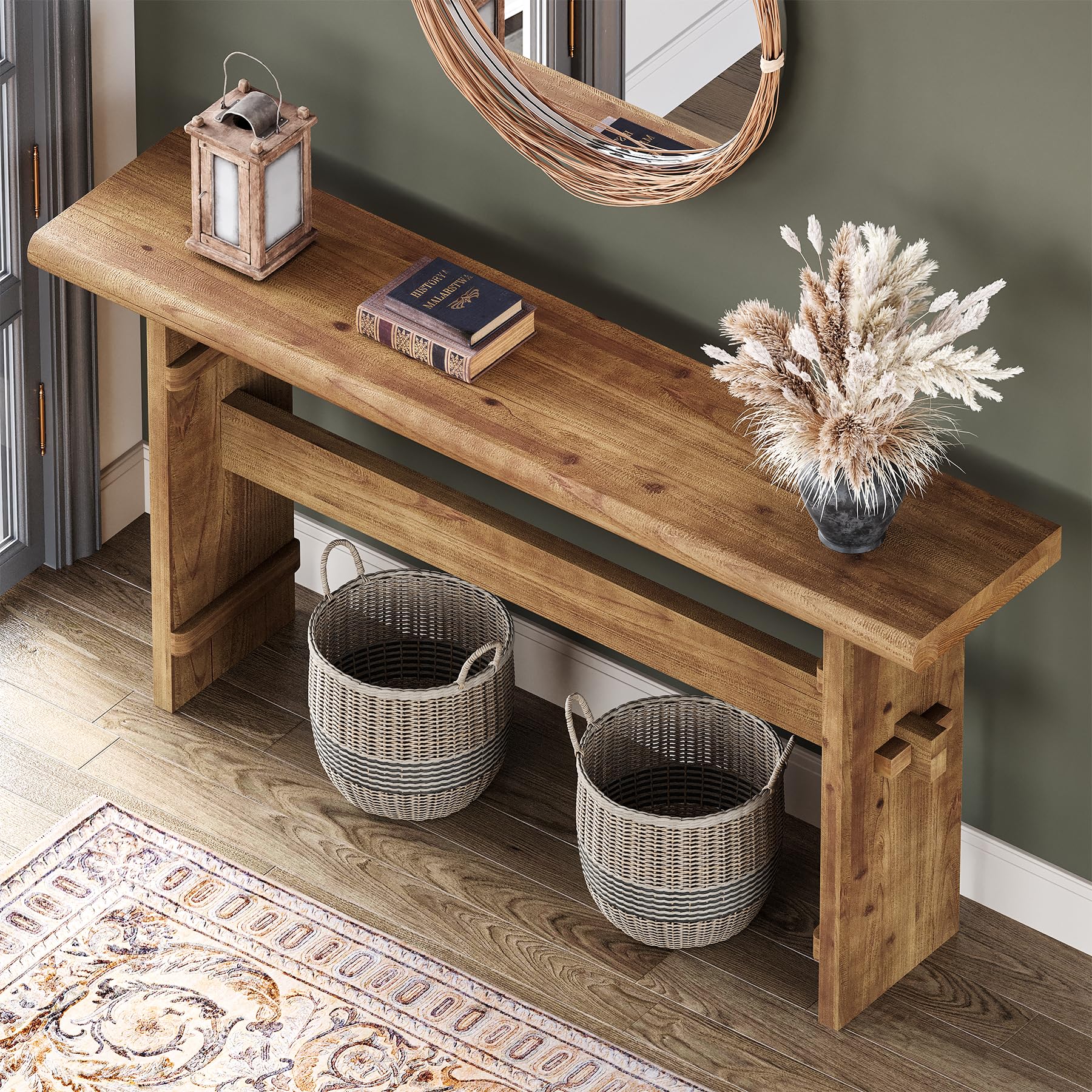 TRIBEWOOD 63-Inch Solid Wood Console Table for Entryway, Narrow Long Farmhouse Sofa Table Behind Couch, for Foyer, Hallway, Living Room, Easy Asswmbly, Brown - Image 4